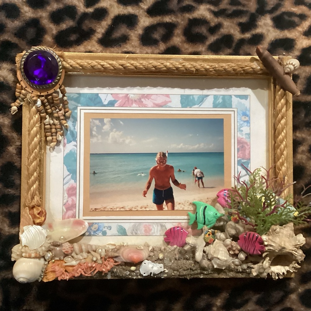 Island inspired handmade picture 3D frame fish, coral, shells and bling